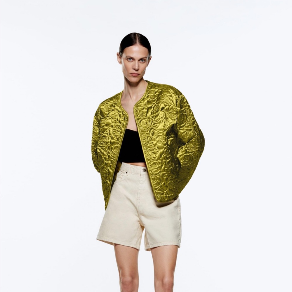 Zara green satin effect quilted jacket in floral print